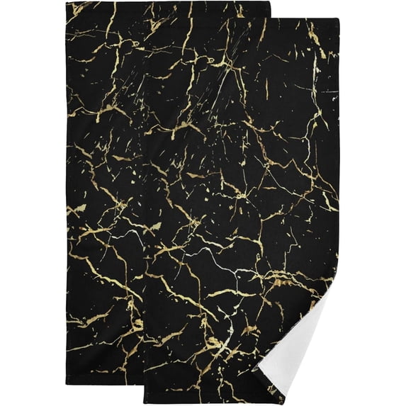Dreamtimes 3D Black Gold Marbling Stone Print Soft 2 Piece Fluffy Guest Hand Towels, Multipurpose Decor for Bathroom, Hotel, Gym and Spa (14" x 28")