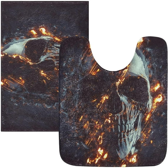 Dreamtimes 3D Dark Skull Glowing Fire Bath Mat for Bathroom Shower U Shape Toilet Rugs Contour Carpet Set, Fluffy Absorbent & Machine Washable, 2 Piece