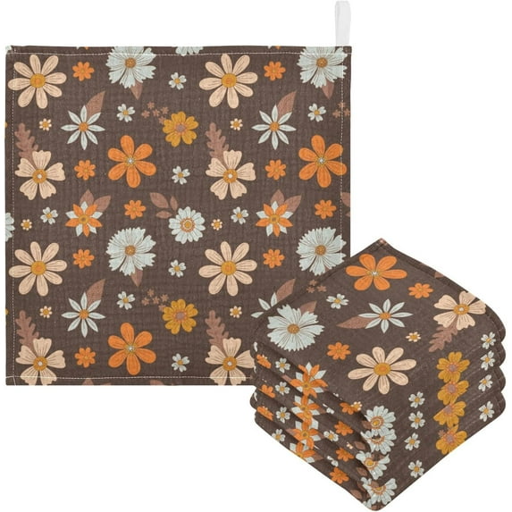 Dreamtimes 5 PCS Bohemian Floral Autumn Baby Muslin Washcloths, Retro Style Face Towel Burp Cloths Ultrasoft Absorbent Cotton Bath Wipes Towels for Newborn Boys Girls