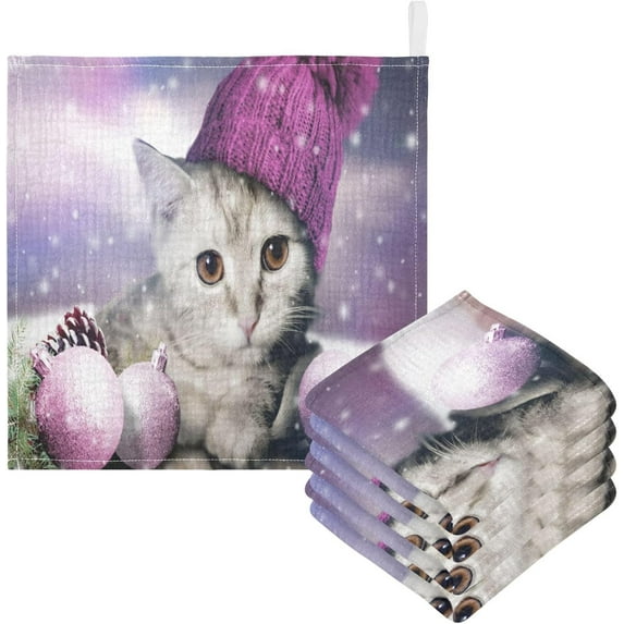 Dreamtimes 5 PCS Cute Cat in Hat Christmas Baby Muslin Washcloths, Winter Time Face Towel Burp Cloths Ultrasoft Absorbent Cotton Bath Wipes Towels for Newborn Boys Girls