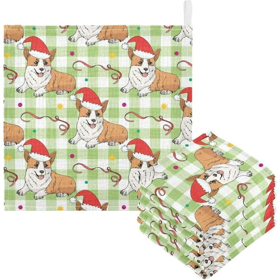 Dreamtimes 5 PCS Cute Corgi Baby Muslin Washcloths, Christmas Hats Face Towel Burp Cloths Ultrasoft Absorbent Cotton Bath Wipes Towels for Newborn Boys Girls