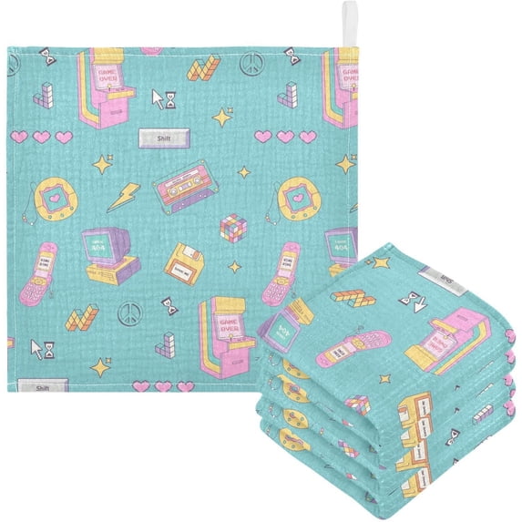 Dreamtimes 5 PCS Cute Elements 80s Style Baby Muslin Washcloths, Face Towel Burp Cloths Ultrasoft Absorbent Cotton Bath Wipes Towels for Newborn Boys Girls