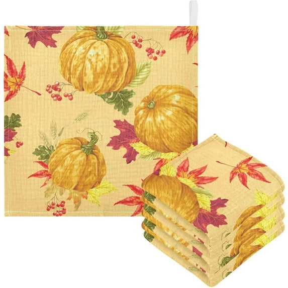 Dreamtimes 5 PCS Fall Pumpkins Leaves Baby Muslin Washcloths, Autumn Harvest Season Face Towel Burp Cloths Ultrasoft Absorbent Cotton Bath Wipes Towels for Newborn Boys Girls
