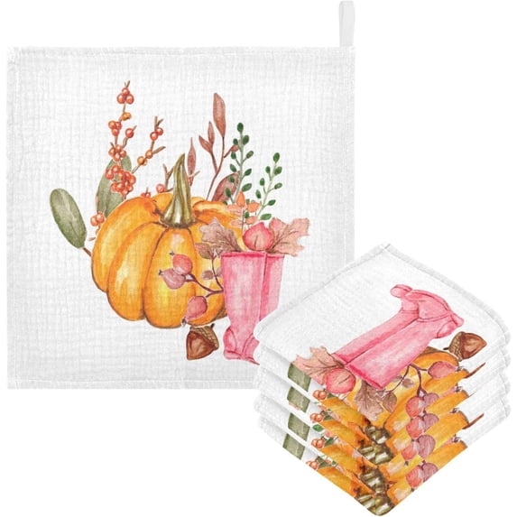 Dreamtimes 5 PCS Fall Pumpkins Theme Baby Muslin Washcloths, Watercolor Autumn Face Towel Burp Cloths Ultrasoft Absorbent Cotton Bath Wipes Towels for Newborn Boys Girls