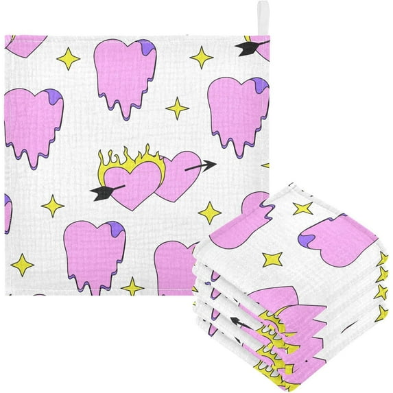 Dreamtimes 5 PCS Liquid and Flaming Hearts Baby Muslin Washcloths, Funny Face Towel Burp Cloths Ultrasoft Absorbent Cotton Bath Wipes Towels for Newborn Boys Girls