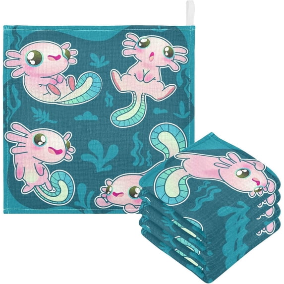 Dreamtimes 5 PCS Pink Axolotl Set Baby Muslin Washcloths, Cute Salamander Face Towel Burp Cloths Ultrasoft Absorbent Cotton Bath Wipes Towels for Newborn Boys Girls