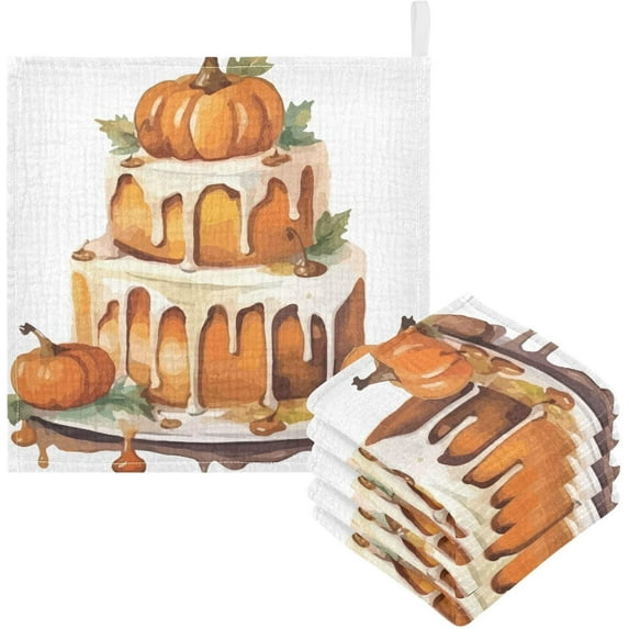 Dreamtimes 5 PCS Pumpkin Cake Baby Muslin Washcloths, Watercolor Fall Theme Face Towel Burp Cloths Ultrasoft Absorbent Cotton Bath Wipes Towels for Newborn Boys Girls
