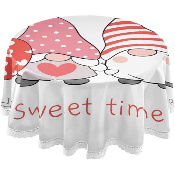 Dreamtimes 60" Valentine's Day Round Tablecloth, Cute Valentine's Day Gnome Elf Round Table Cloth Water Resistant Spill Proof Large Table Cover for Valentine's Day Romantic Dinner Decorate