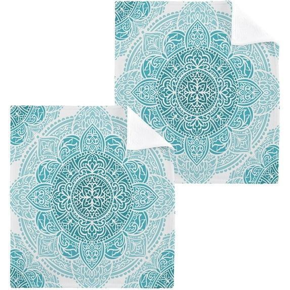Dreamtimes Aqua Turquoise Mandala Washcloths, 2 PCS 12 X 12 Inches Cotton Wash Cloths, Highly Absorbent and Soft Face Towels for Bathroom,Gym,Hotel and Spa