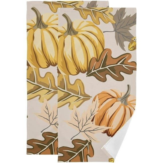 Dreamtimes Autumn Orange Pumpkins Dish Towels Kitchen Towel 2 PCS, Fall Yellow Maple Hand Towels Ultra Soft and Highly Absorbent,Decorative Fingertip Face Towel for Bathroom Hotel, 28.3"x14.4"