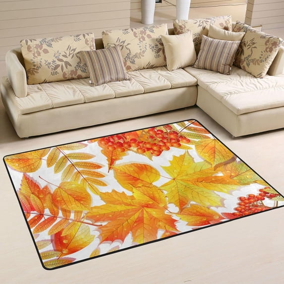 Dreamtimes Autumn Yellow Leaves Area Rug 36x24in Orange Berry Non-Slip Floor Carpet Comfort Floor Mats Decor for Indoor Living Dining Room and Bedroom Area