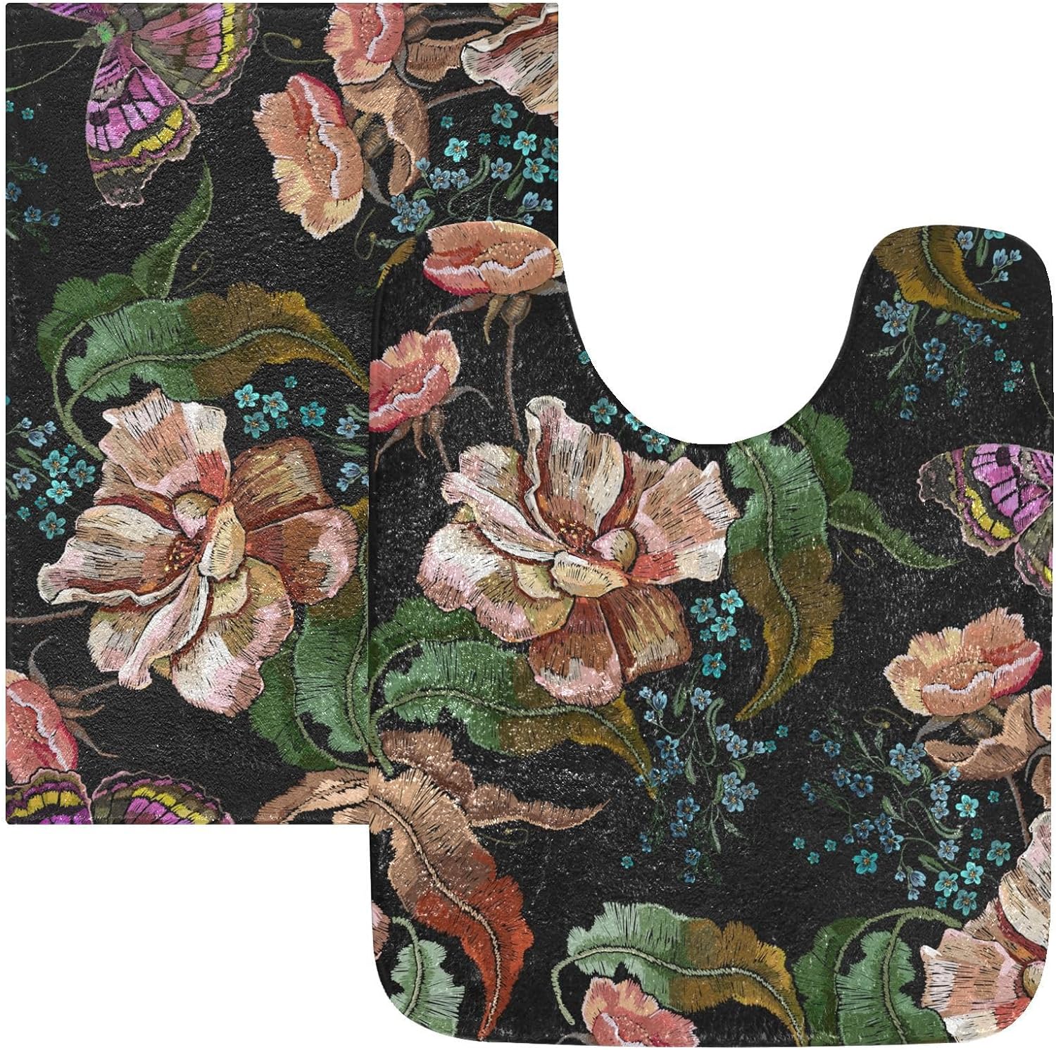 Bird Pattern Toilet Lid Cover And Bath Rug Set - Anti-Skid Flannel Mat