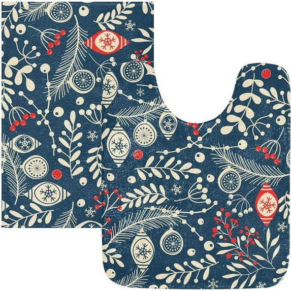 Dreamtimes Bath Mats Toiletry Mat Vintage Christmas Branch Print, Bath Rug+U-Shaped Toilet Mat, Non-Slip Bath Carpet Bath Mats for Bathroom 17.3"x13.4"+23.6"x15.7"