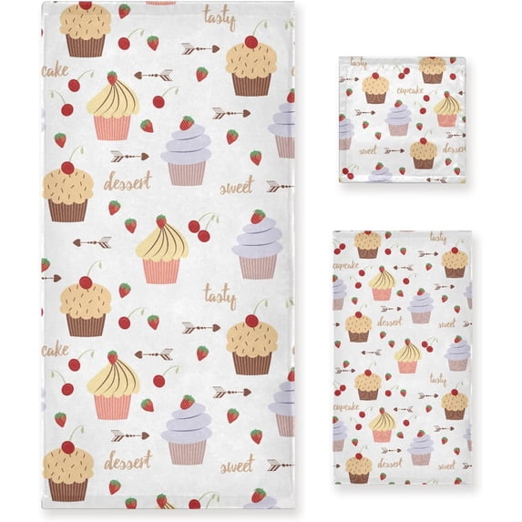 Dreamtimes Bath Towel Sets for Bathroom Hand Towels Fingertip Towels Cute Cupcake White Strawberry 3 Piece Decorative Soft Cotton Absorbent