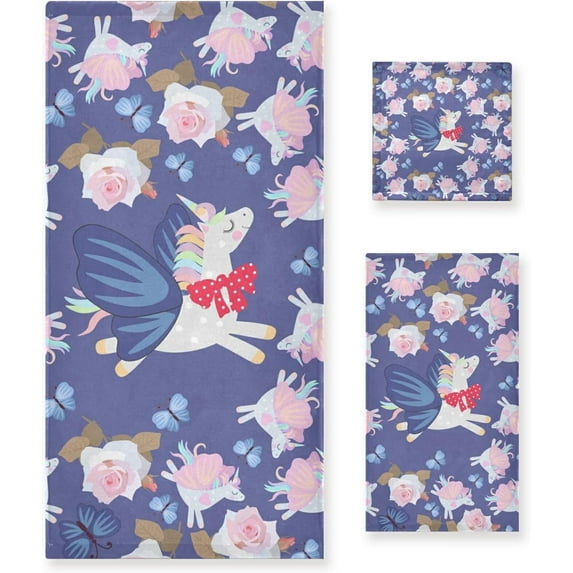 Dreamtimes Bath Towel Sets for Bathroom Hand Towels Fingertip Towels Flying Unicorns and Blue Butterflies 3 Piece Decorative Soft Cotton Absorbent