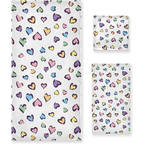 Dreamtimes Bath Towel Sets for Bathroom Hand Towels Fingertip Towels Lovely Colorful Heart White 3 Piece Decorative Soft Cotton Absorbent