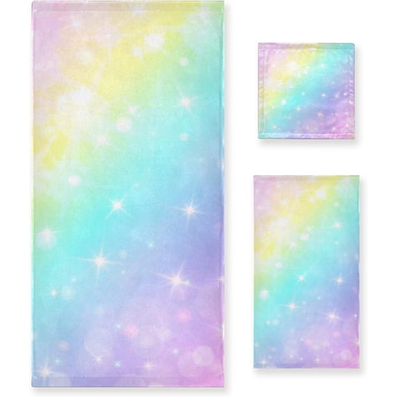 Dreamtimes Bath Towel Sets for Bathroom Hand Towels Fingertip Towels Rainbow Colorful Unicorn Pastel 3 Piece Decorative Soft Cotton Absorbent