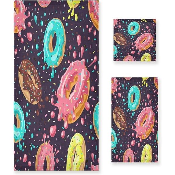 Dreamtimes Bathroom Decorative Towel Set with Colored Donuts Print, 3-Piece Set with 30x60 inch Bath Towel, 16x28 inch Hand Towel & 13x13 inch Washcloth