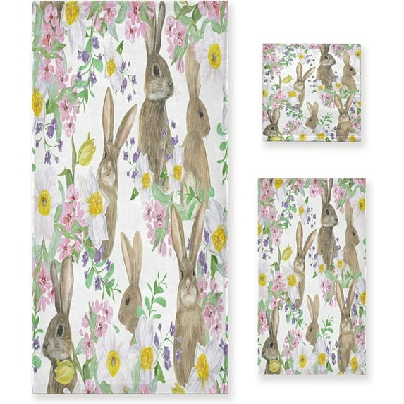 Dreamtimes Dreamtimes Bathroom Easter Decorative Towel Set with Beautiful Flowers Bunny Print, 3-Piece Set with 30x60 inch Bath Towel, 16x28 inch Hand Towel & 13x13 inch Washcloth