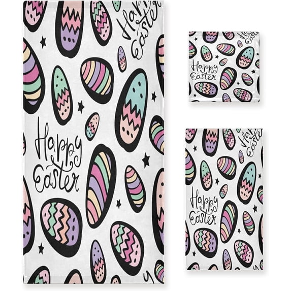 Dreamtimes Dreamtimes Bathroom Easter Decorative Towel Set with Vintage Easter Egg Print, 3-Piece Set with 30x60 inch Bath Towel, 16x28 inch Hand Towel & 13x13 inch Washcloth