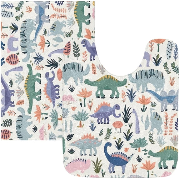 Dreamtimes Bathroom Rug Set 2 Pieces Cartoon Dinosaur Soft and Absorbent Bathroom Floor Mat Non Slip Commode Contour Rug Plush Bath Mat Set, Machine Washable and Easier to Dry