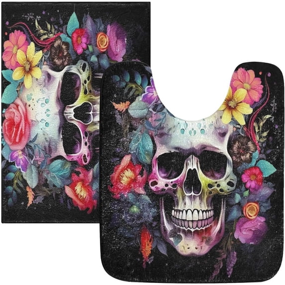 Dreamtimes Bathroom Rug Set 2 Pieces Skull Flower Soft and Absorbent Bathroom Floor Mat Non Slip Commode Contour Rug Plush Bath Mat Set, Machine Washable and Easier to Dry