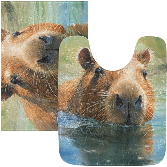 Dreamtimes Bathroom Rug Toiletry Mat Set Capybara in Water Print, Soft Absorbent Bath Rug and U-Shaped Contour Toilet Rug, Non-Slip Bath Carpet Bath Mats for Bathroom 17.3"x13.4"+23.6"x15.7"