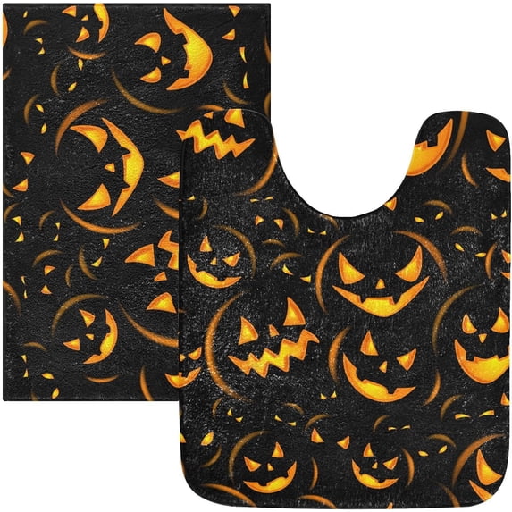 Dreamtimes Bathroom Rug Toiletry Mat Set Halloween Scary Pumpkin Print, Soft Absorbent Bath Rug and U-Shaped Contour Toilet Rug, Non-Slip Bath Carpet Bath Mats for Bathroom 24"x16"+24"x20"