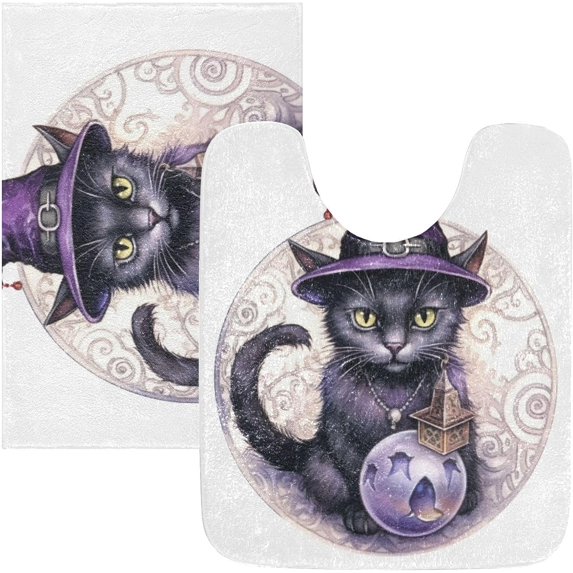 Dreamtimes Bathroom Rug Toiletry Mat Set Magic Halloween Cat Print, Soft Absorbent Bath Rug and U-Shaped Contour Toilet Rug, Non-Slip Bath Carpet Bath Mats for Bathroom 24"x16"+24"x20"