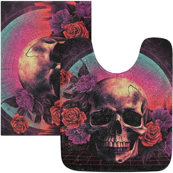 Dreamtimes Bathroom Rug Toiletry Mat Set Neon Skull Rose Print, Soft Absorbent Bath Rug and U-Shaped Contour Toilet Rug, Non-Slip Bath Carpet Bath Mats for Bathroom 17.3"x13.4"+23.6"x15.7"