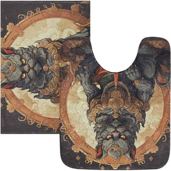 Dreamtimes Bathroom Rug Toiletry Mat Set Oriental Monster Print, Soft Absorbent Bath Rug and U-Shaped Contour Toilet Rug, Non-Slip Bath Carpet Bath Mats for Bathroom 17.3"x13.4"+23.6"x15.7"