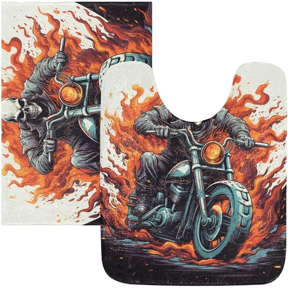Dreamtimes Bathroom Rug Toiletry Mat Set Skeleton Motorcycle Print, Soft Absorbent Bath Rug and U-Shaped Contour Toilet Rug, Non-Slip Bath Carpet Bath Mats for Bathroom 24"x16"+24"x20"