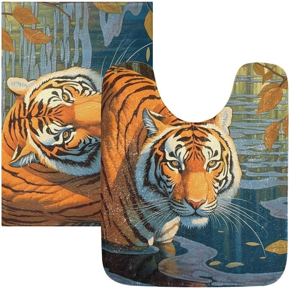 Dreamtimes Bathroom Rug Toiletry Mat Set Vintage Tiger in Water Print, Soft Absorbent Bath Rug and U-Shaped Contour Toilet Rug, Non-Slip Bath Carpet Bath Mats for Bathroom 24"x16"+24"x20"