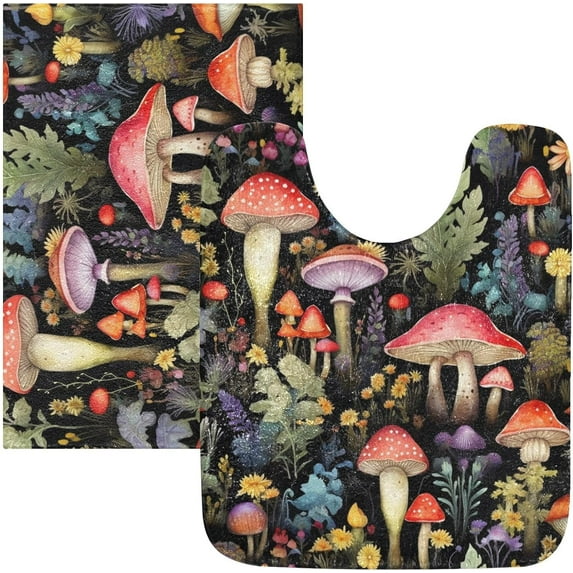Dreamtimes Bathroom Rug Toiletry Mat Set Vivid Red Mushrooms Print, Soft Absorbent Bath Rug and U-Shaped Contour Toilet Rug, Non-Slip Bath Carpet Bath Mats for Bathroom 24"x16"+24"x20"