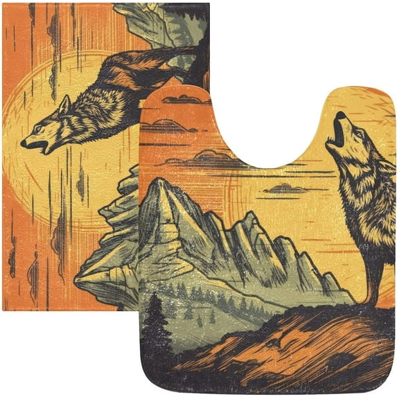 Dreamtimes Bathroom Rug Toiletry Mat Set Wolf Standing Mountain Print, Soft Absorbent Bath Rug and U-Shaped Contour Toilet Rug, Non-Slip Bath Carpet Bath Mats for Bathroom 24"x16"+24"x20"