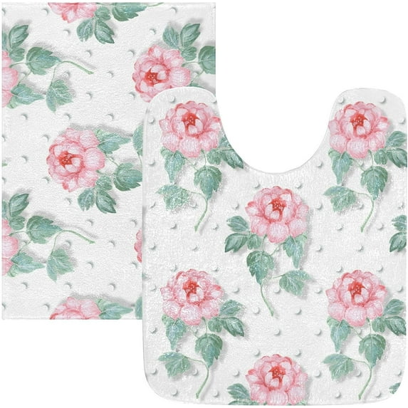 Dreamtimes Bathroom Rugs Sets 2 Piece Soft Absorbent Bath Rug and U-Shaped Contour Toilet Rug, Non-Slip Bath Carpet, Machine Wash Dry, Bath Mats for Bathroom 24"x16"+24"x20", Pink Flowers