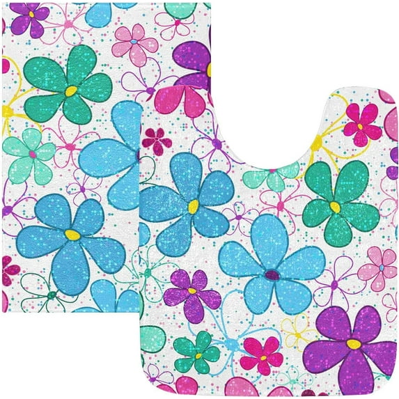 Dreamtimes Bathroom Rugs Sets 2 Piece Soft Absorbent Bath Rug and U-Shaped Contour Toilet Rug, Non-Slip Bath Carpet Bath Mats for Bathroom 17.3"x13.4"+23.6"x15.7", Colorful Doodle Flowers