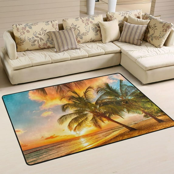 Dreamtimes Beach Tropical Palms Tree Area Rug, 36"x24" Sunset Summer Non-Slip Washable Indoor Door Mat, Absorbent Floor Mat for Bedroom Kitchen Entryway Bathroom