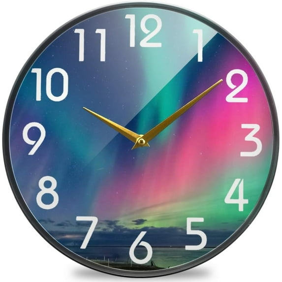 Dreamtimes Beautiful Iceland Colorful Northern Light Round Wall Clock, 10 Inch Silent Battery Operated Quartz Analog Quiet Desk Clock for Home,Office,School