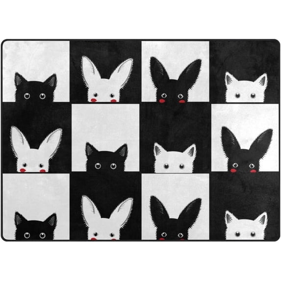 Dreamtimes Black White Cat Rabbit Chess Board Lightweight Carpet Mats, 6'8" x 4'10" Area Soft Rugs Floor Mat Rug Home Decoration for Kids Room Living Room, 80"x 58"