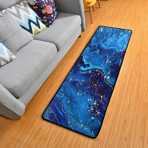 Dreamtimes Blue Marble Gold Hallway Runner Rug 2'x6' Kitchen Rug with Rubber Backing Abstract Texture Non Slip Entryway Rug Runner Washable Soft Area Rug for Hallway Bedroom Kitchen Decor
