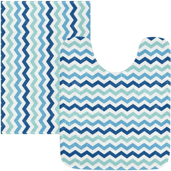 Dreamtimes Blue Mint Chevron Bathroom Rug Set 2PCS Ultra Soft Bath Rugs, Non Slip Absorbent Shaggy Bath Mat Set with U-Shaped Toilet Mat (16" x 24" & 20" x 24")