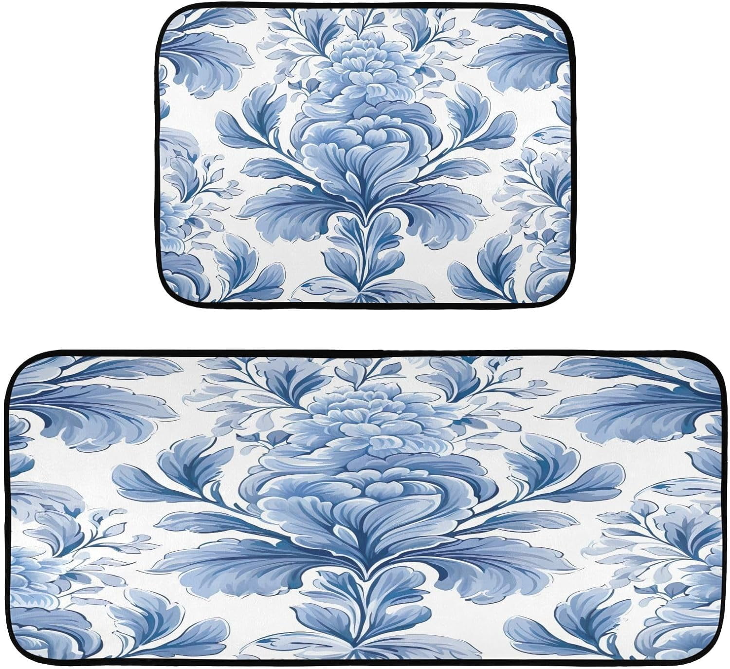 Dreamtimes Blue Retro Floral Pattern Kitchen Floor Mats Set of 2, Non