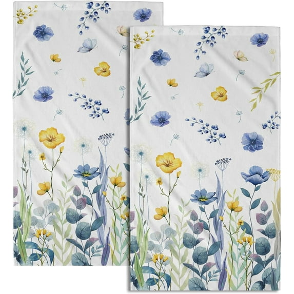 Dreamtimes Blue Yellow Poppy Floral Hand Towels Watercolor Botanical Leaf Decorative Bathroom Towel Set of 2 Rustic Fingertip Towel Bath Guest Towels for Gym,Spa,Hotel
