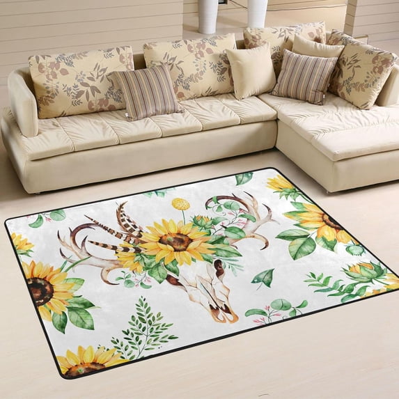 Dreamtimes Boho Deer Skull Sunflowers Area Rug 72x48in Watercolor Summer Floral Non-Slip Floor Carpet Comfort Floor Mats Decor for Indoor Living Dining Room and Bedroom Area