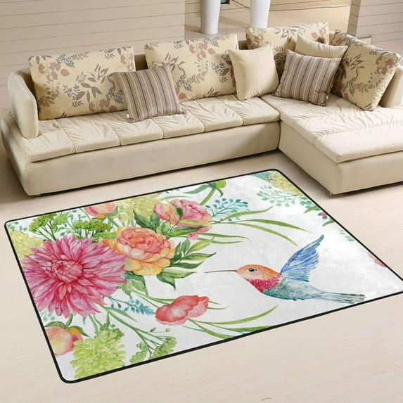 Dreamtimes Butterfly Bird Flower Area Rug, 36"x24" Watercolor Non-Slip Washable Indoor Door Mat, Absorbent Floor Mat for Bedroom Kitchen Entryway Bathroom