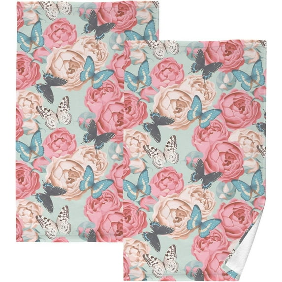 Dreamtimes Butterfly Cotton Hand Towels Set of 2 Absorbent Bath Towel Decorative Fingertip Towels for Bathroom Gym Spa Hotel Beach Swimming Pool,16"x 28"
