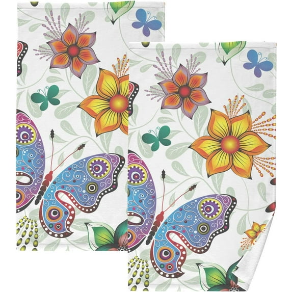 Dreamtimes Butterfly Cotton Hand Towels Set of 2 Absorbent Bath Towel Decorative Fingertip Towels for Bathroom Gym Spa Hotel Beach Swimming Pool,16"x 28"