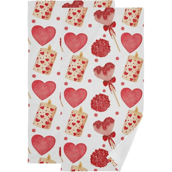 Dreamtimes Candle Hearts Candy Valentine Hand Towels 2 PCS, Ultra Soft and Highly Absorbent, Watercolor Pattern Cute Decorative Fingertip Towel for Home, Bathroom, Kitchen, 28.3"x14.4"