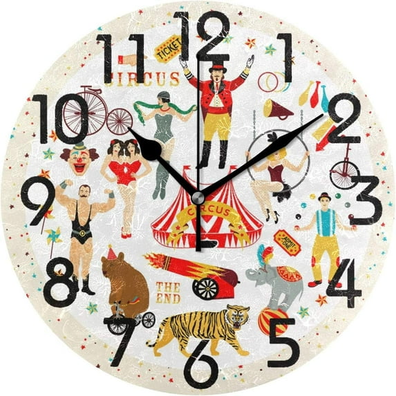 Dreamtimes Cartoon Circus Vintage Icons Collection Round Pattern Round Wall Clock Decorative, 10 Inch Battery Operated Quartz Analog Quiet Desk Clock for Home,Office,School